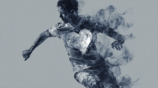 A black and white image of a soccer player with a glowing image of a heart over his jersey with smoke seemingly coming off the body.