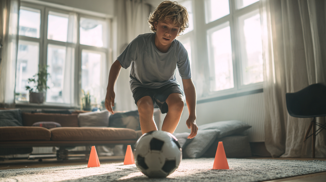 A boy training soccer in his living room.