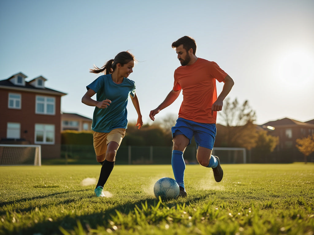 two people playing soccer in a field