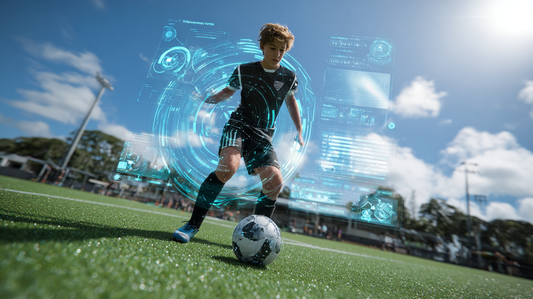 A youth soccer player standing in front of a ball in a green kit with an overlay of digital computer screen.