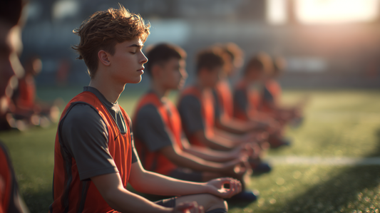 Soccer players seated and meditating.