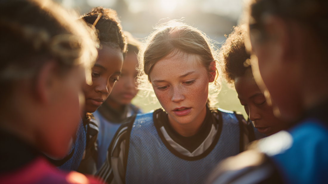 A huddle of diverse looking soccer players taking instruction before training