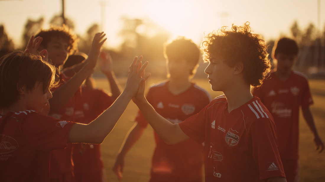 Soccer teammates giving high fives.