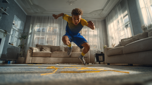 A youth soccer player training in his living room.