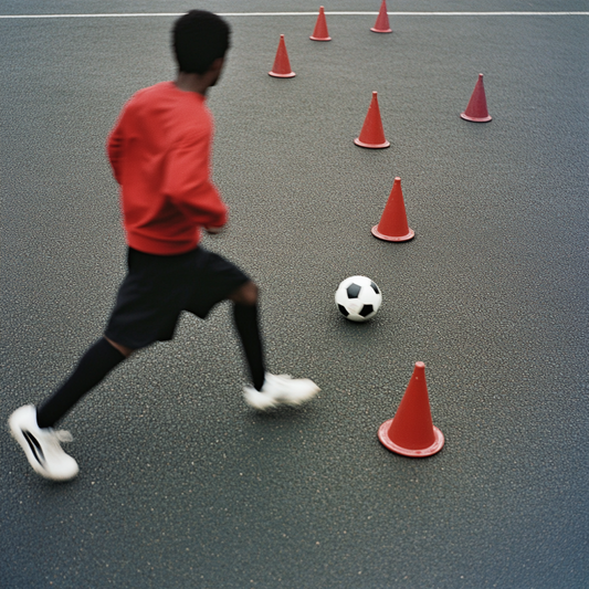 soccer player dribbling through cones