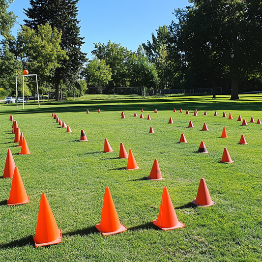 cones set up on a grass field