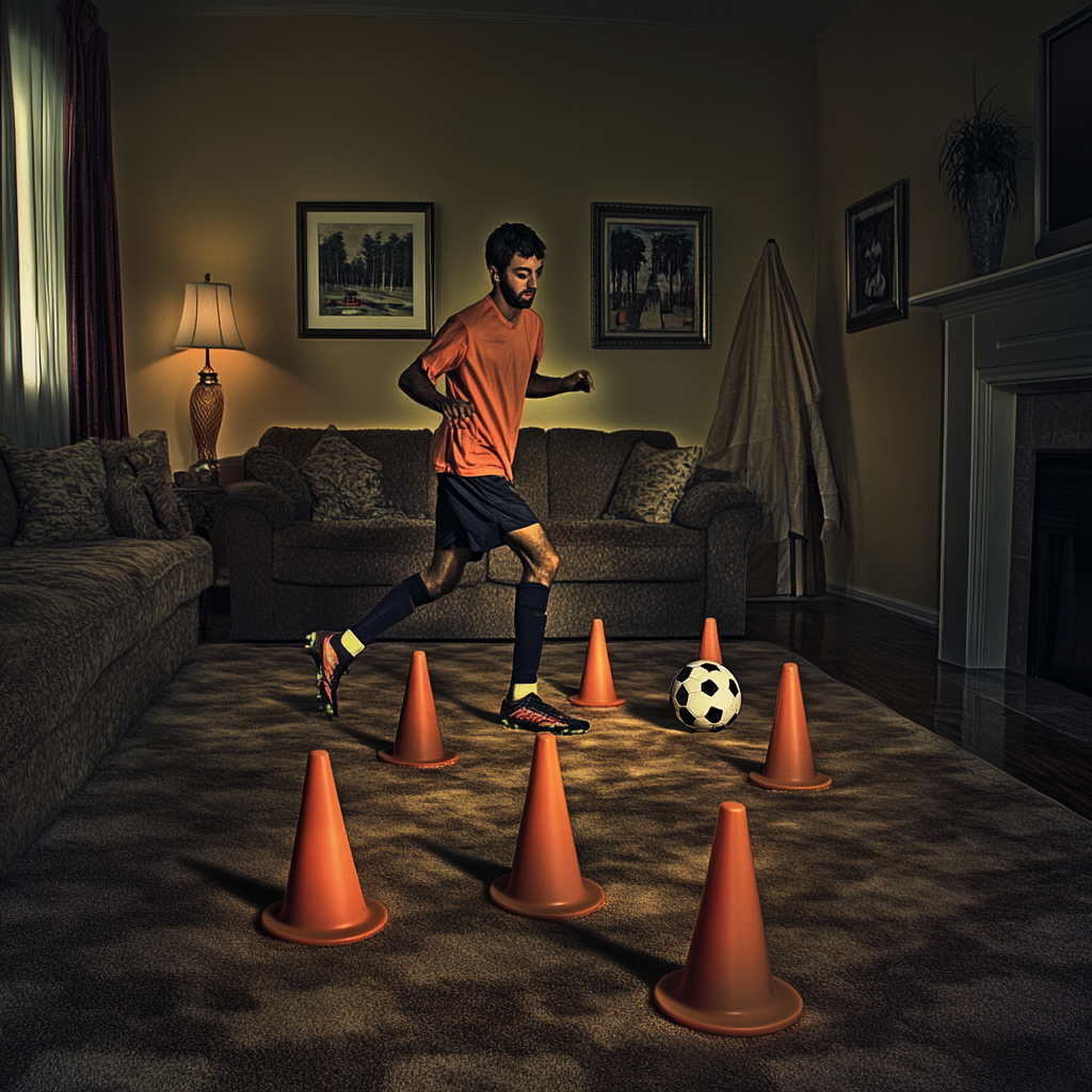 a soccer player in their living room running around some cones with a ball