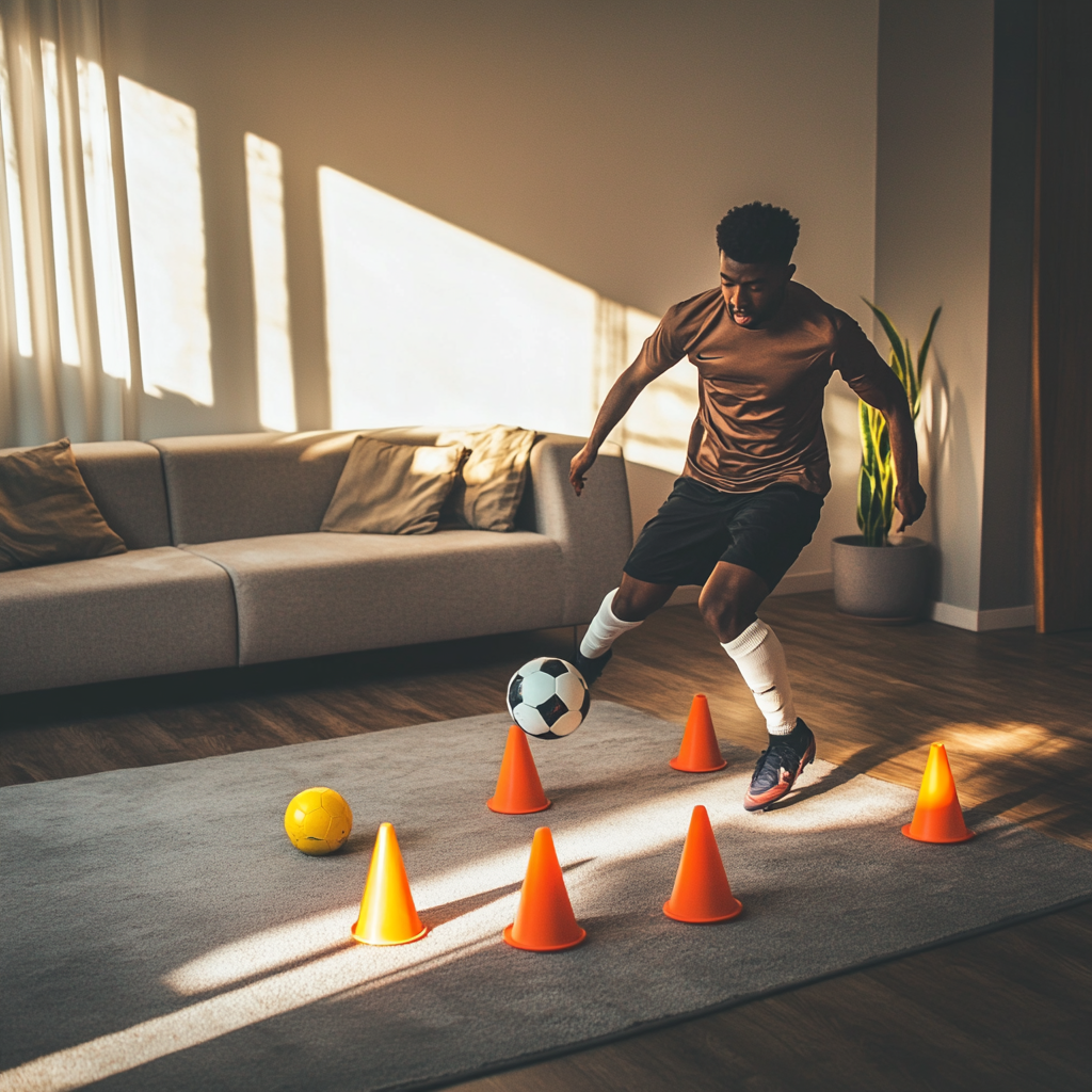 a player kicking a ball in their home using cones