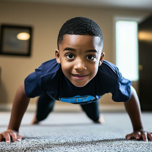 a kid doing some push ups at home