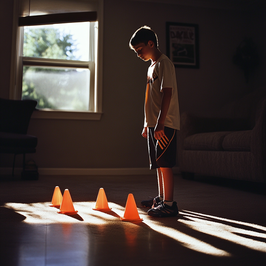 a player in their living room looking down at cones