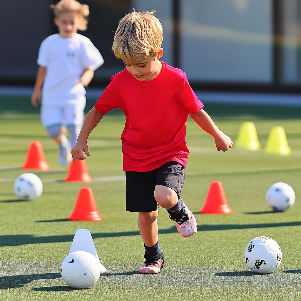 a little boy dribbling a soccer ball