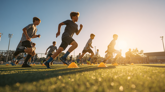 Players jogging on a grass pitch lit by sunlight.