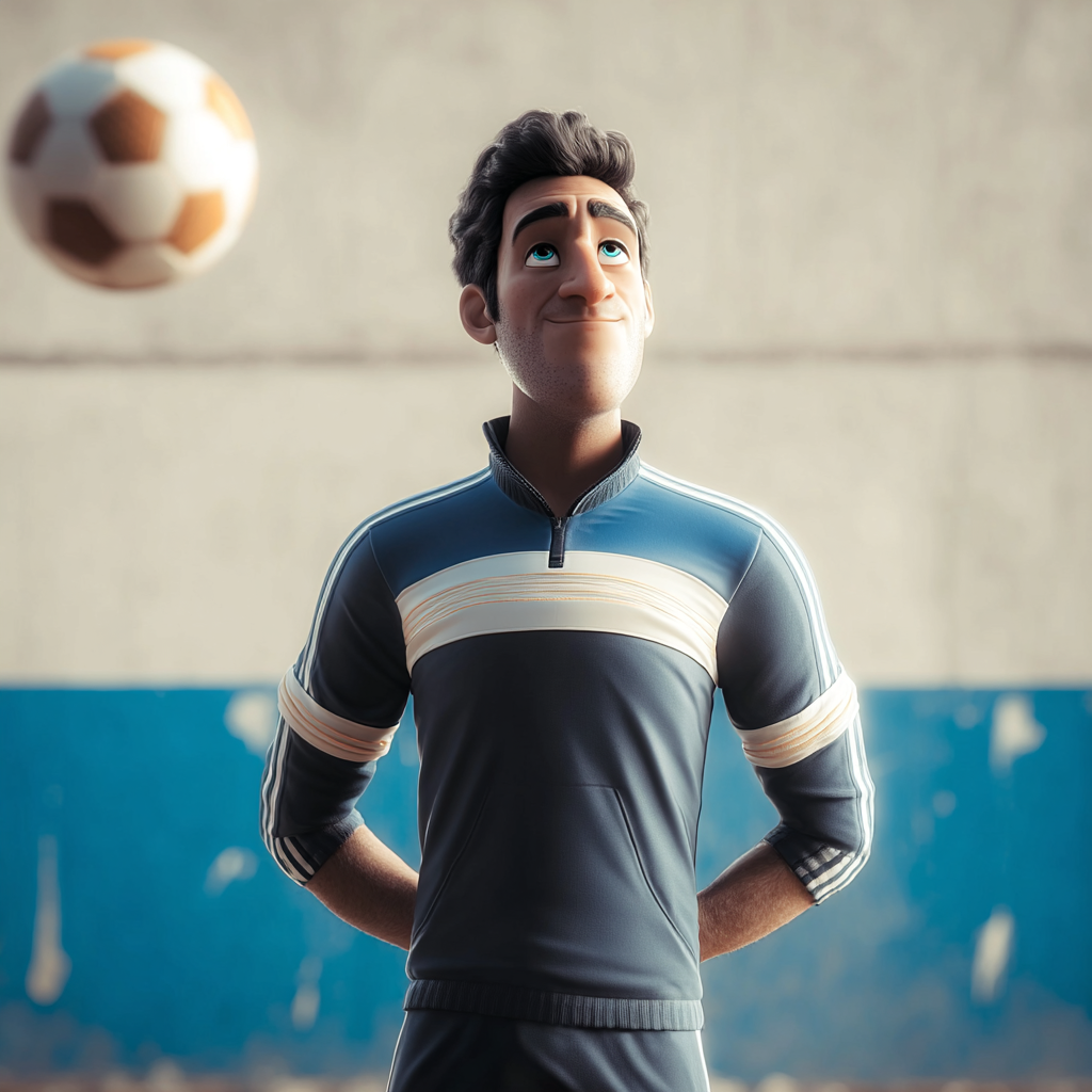 Animated El Maistro in a sports uniform with a soccer ball in the background