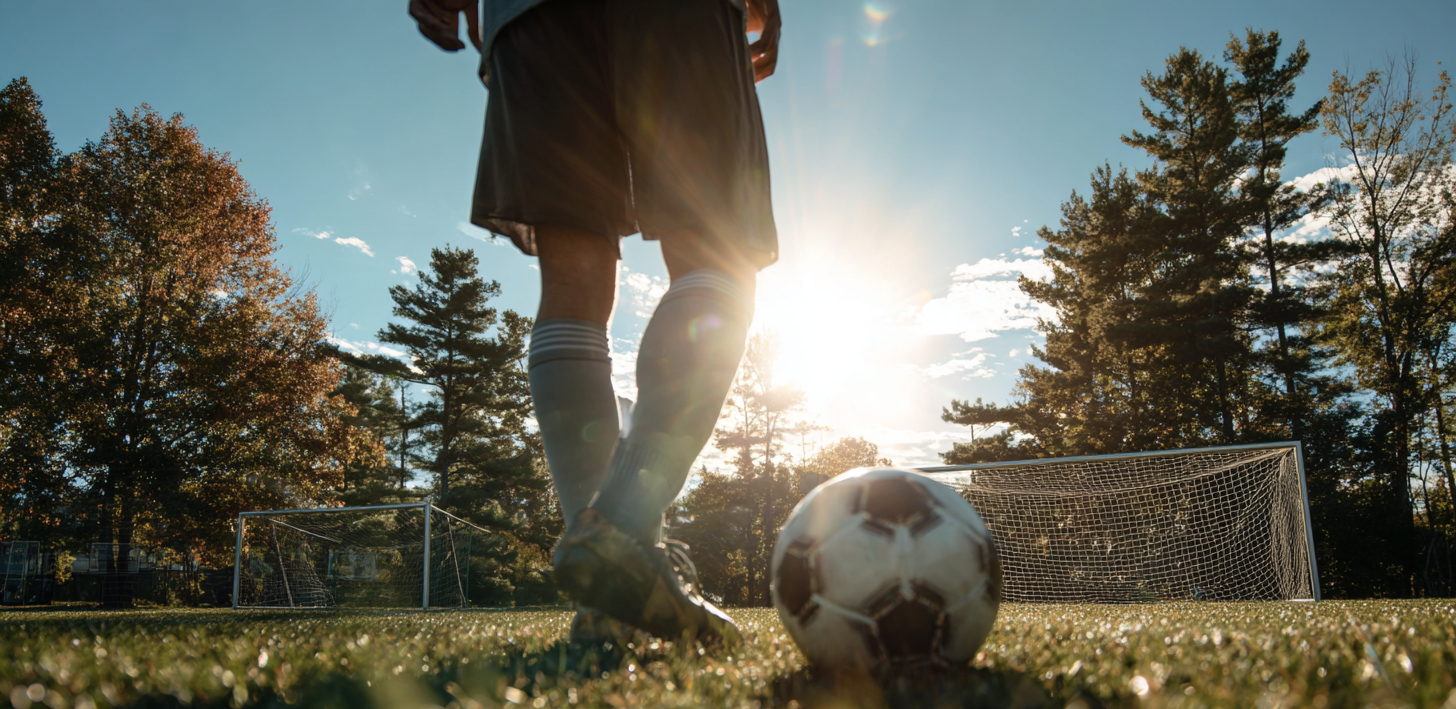 Person about to kick a soccer ball on a grass field with trees and a goalpost in the background.