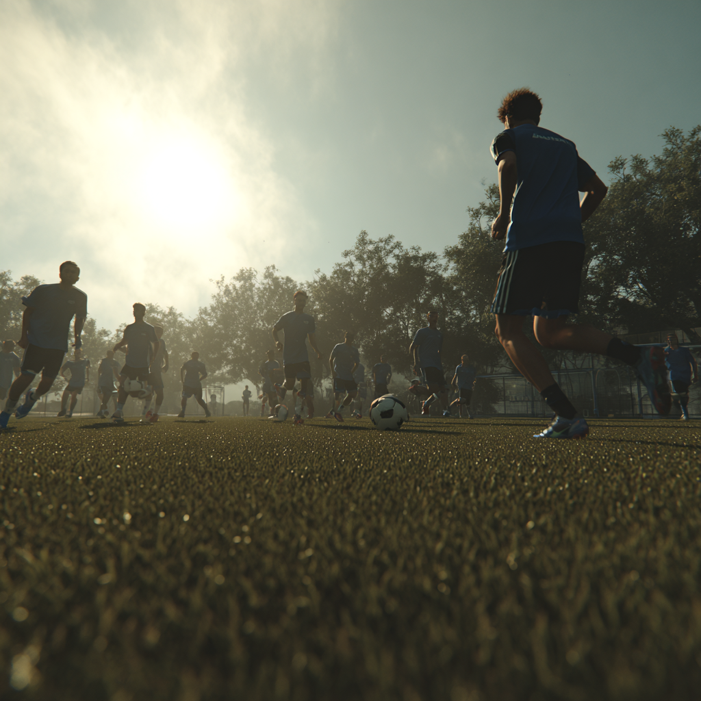 Soccer game in progress on a field with players and a ball.