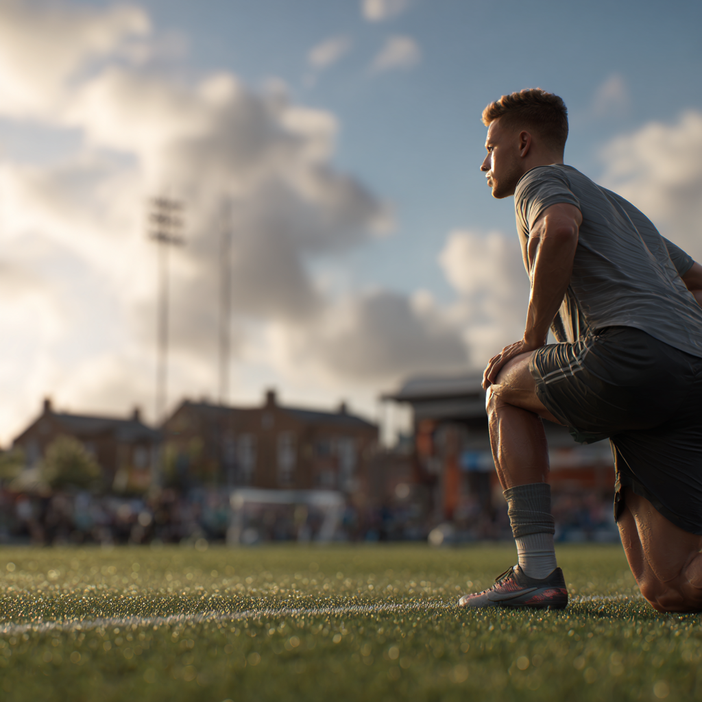 Man stretching on a soccer field with a stadium in the background