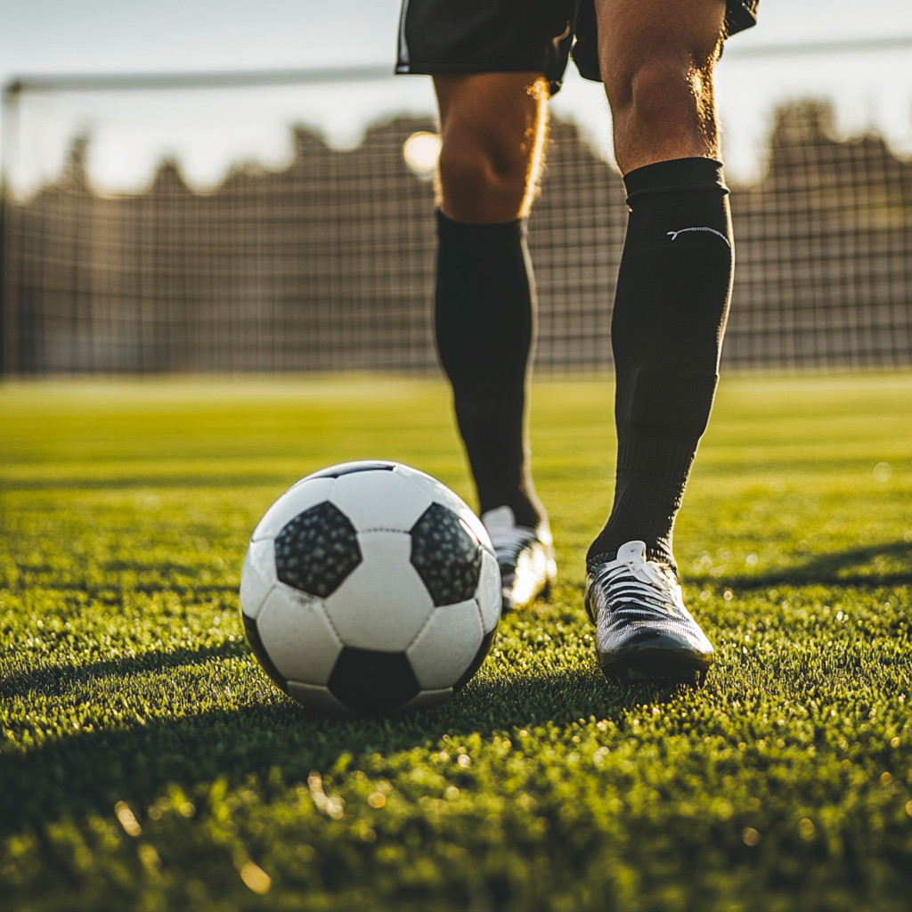 player with black socks standing on a field with a ball