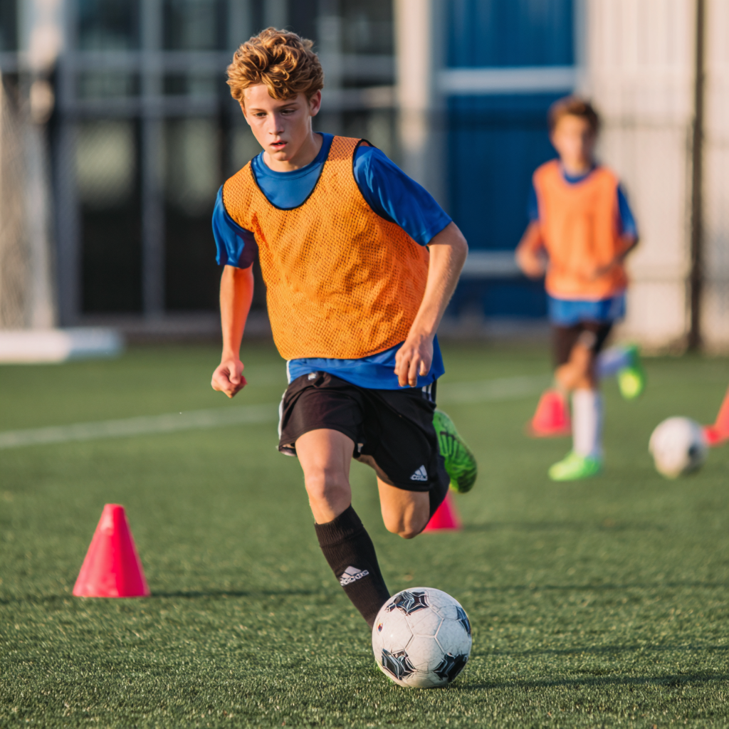 A boy dribbling a soccer ball while wearing a blue shirt and orange jersey.