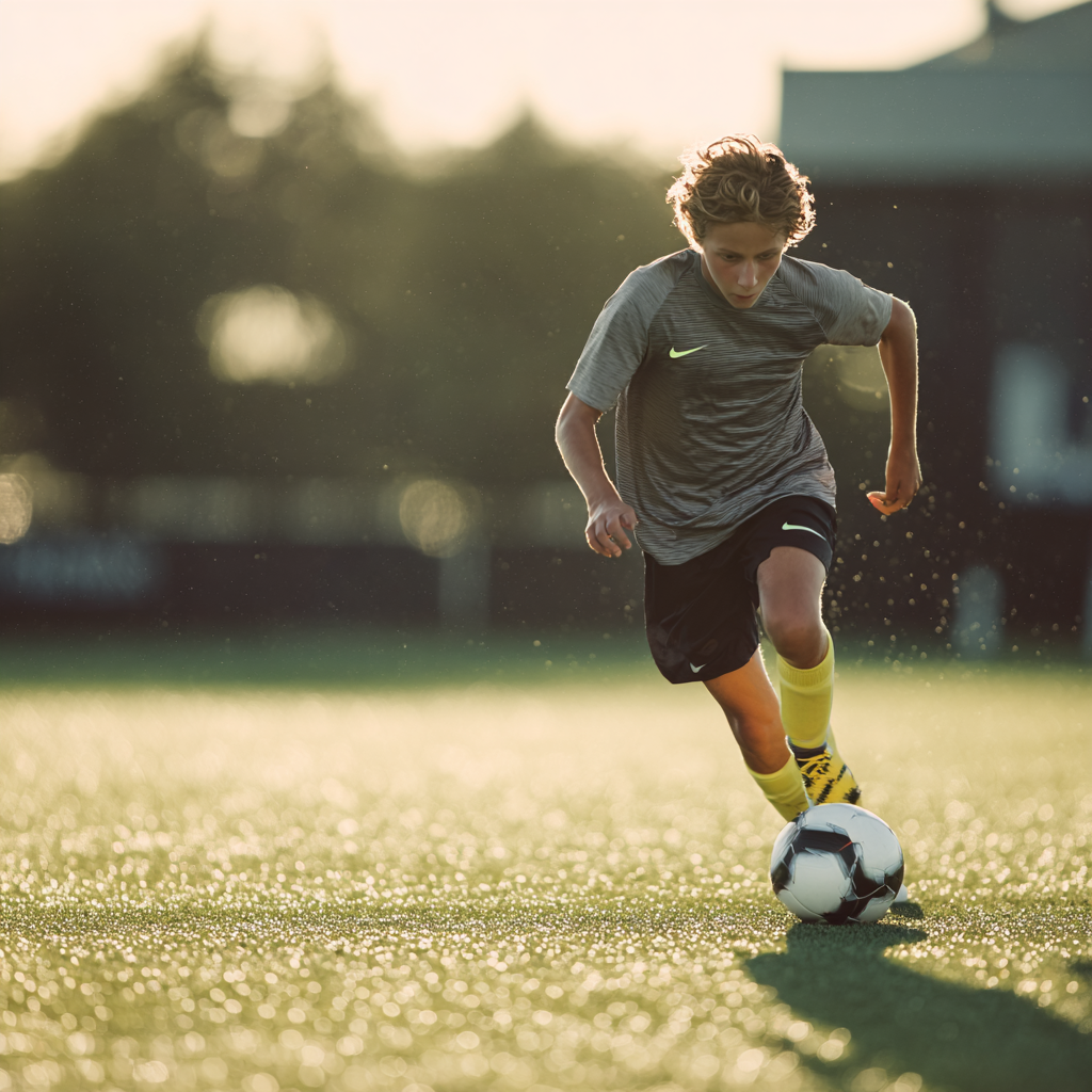 Young boy playing soccer on a grass field with a blurred background