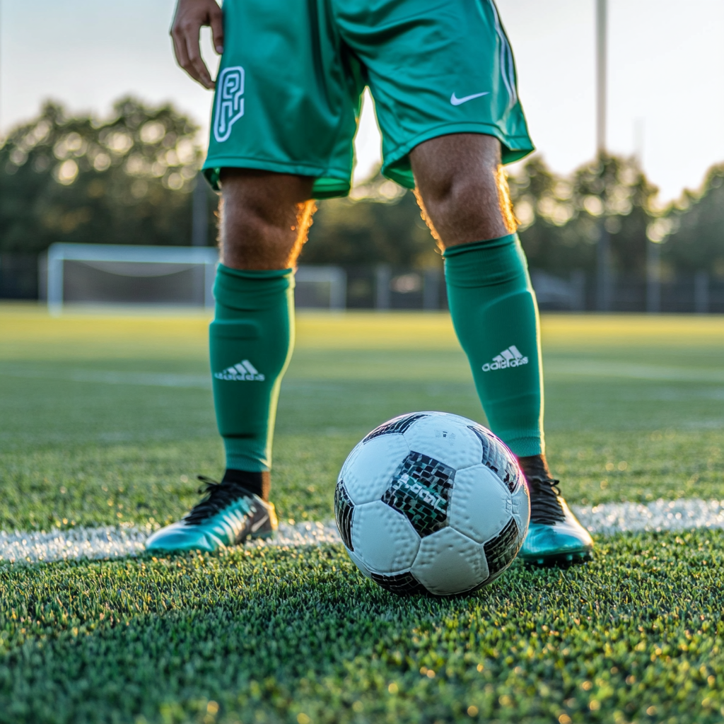 Player wearing green shorts and socks standing over a soccer ball