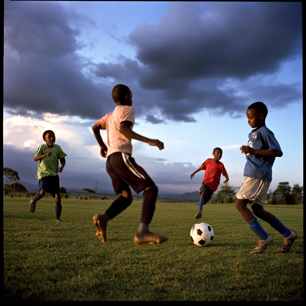 a group of kids playing soccer on a field under a cloudy sky