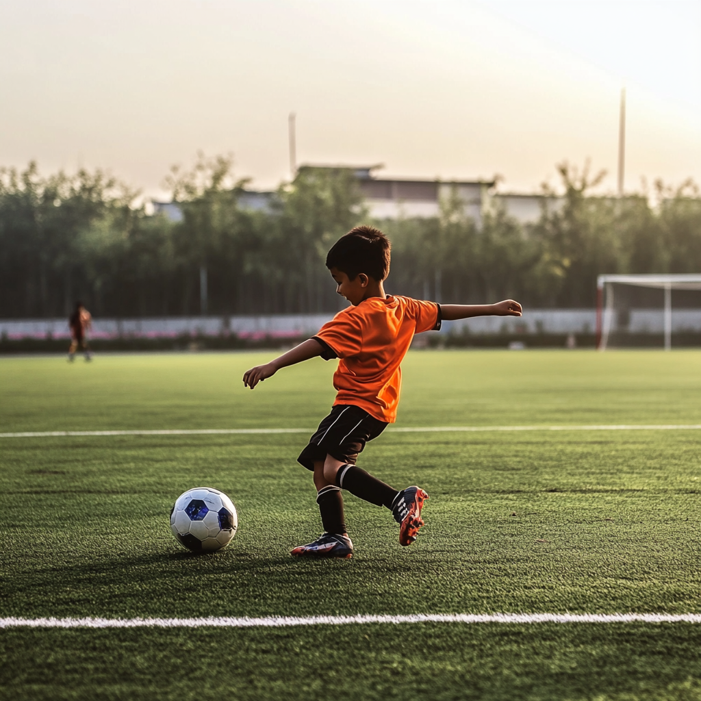 little boy in an orange shirt playing soccer