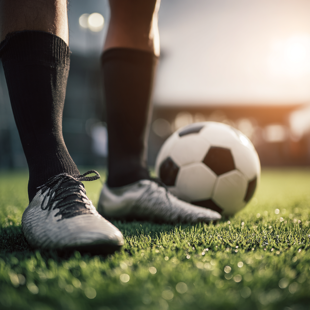 Close-up of soccer shoes and ball on a grass field with a blurred background