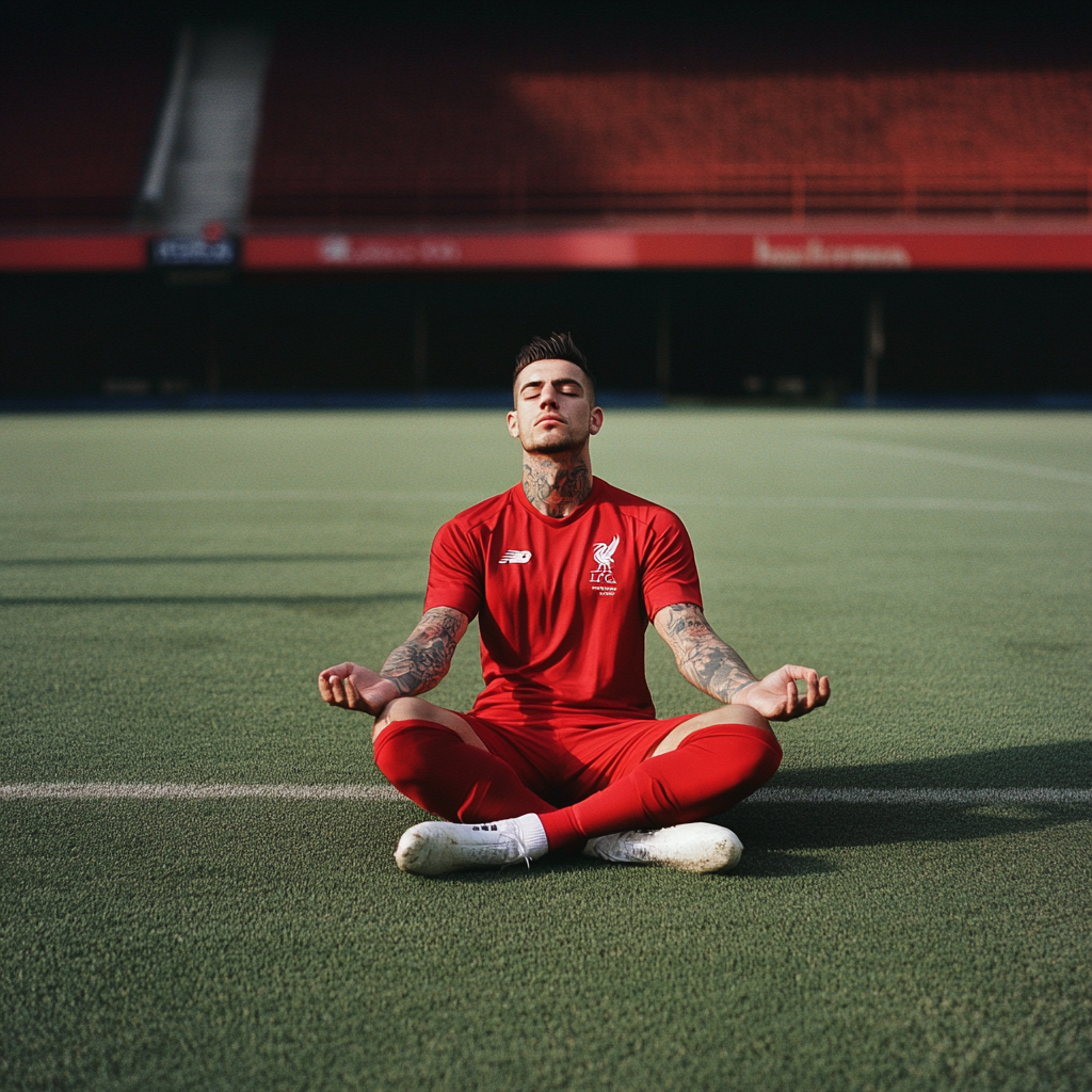 player sitting on a pitch meditating while wearing red uniform