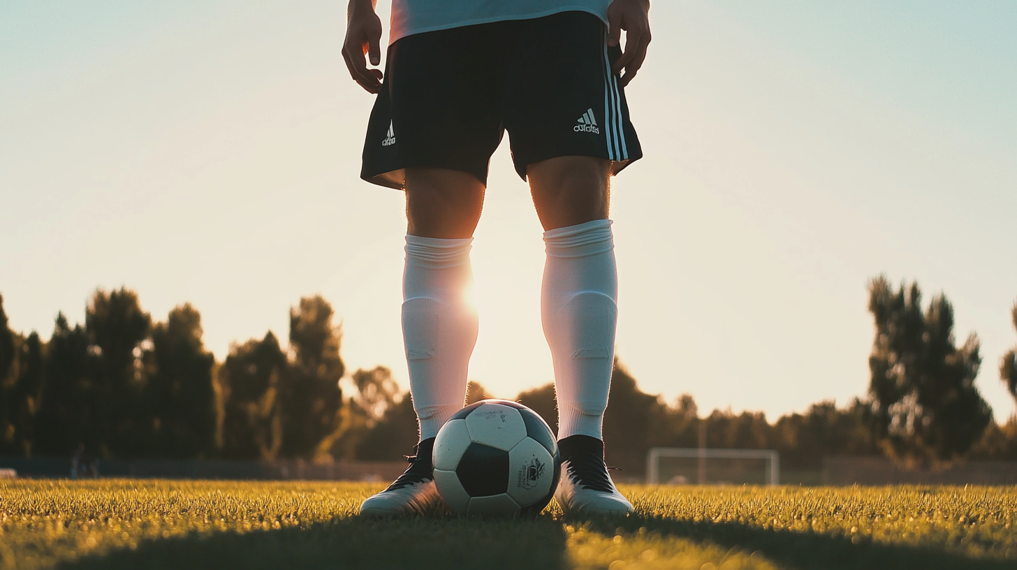 a player with white socks and black shorts standing over a soccer ball