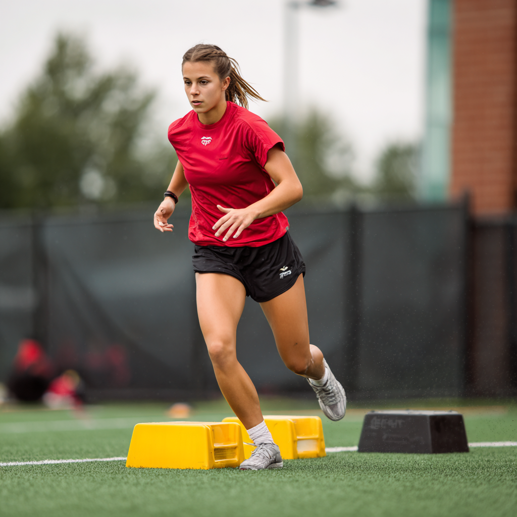 woman soccer player in a red shirt jogging to warm up before practice
